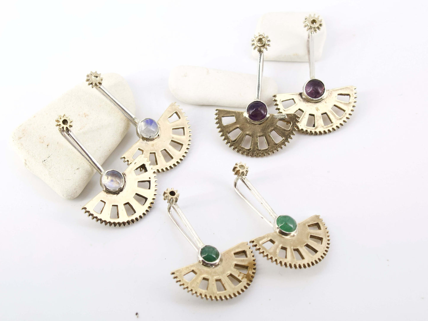 Glimoire tre paia di orecchini pendenti pietra naturale in metallo argentato con design a ventaglio