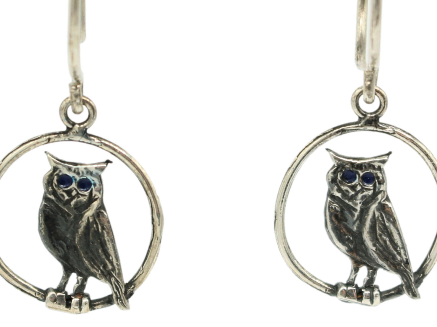 Orecchini gufi in argento con dettagli blu, design circolare e pendenti a forma di gufo