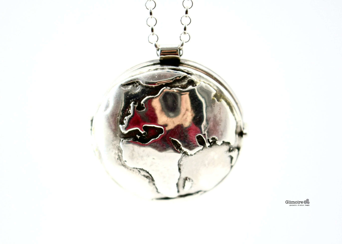 Collana Glimoire con ciondolo in argento a forma di portafoto mondo rotondo dettagliato