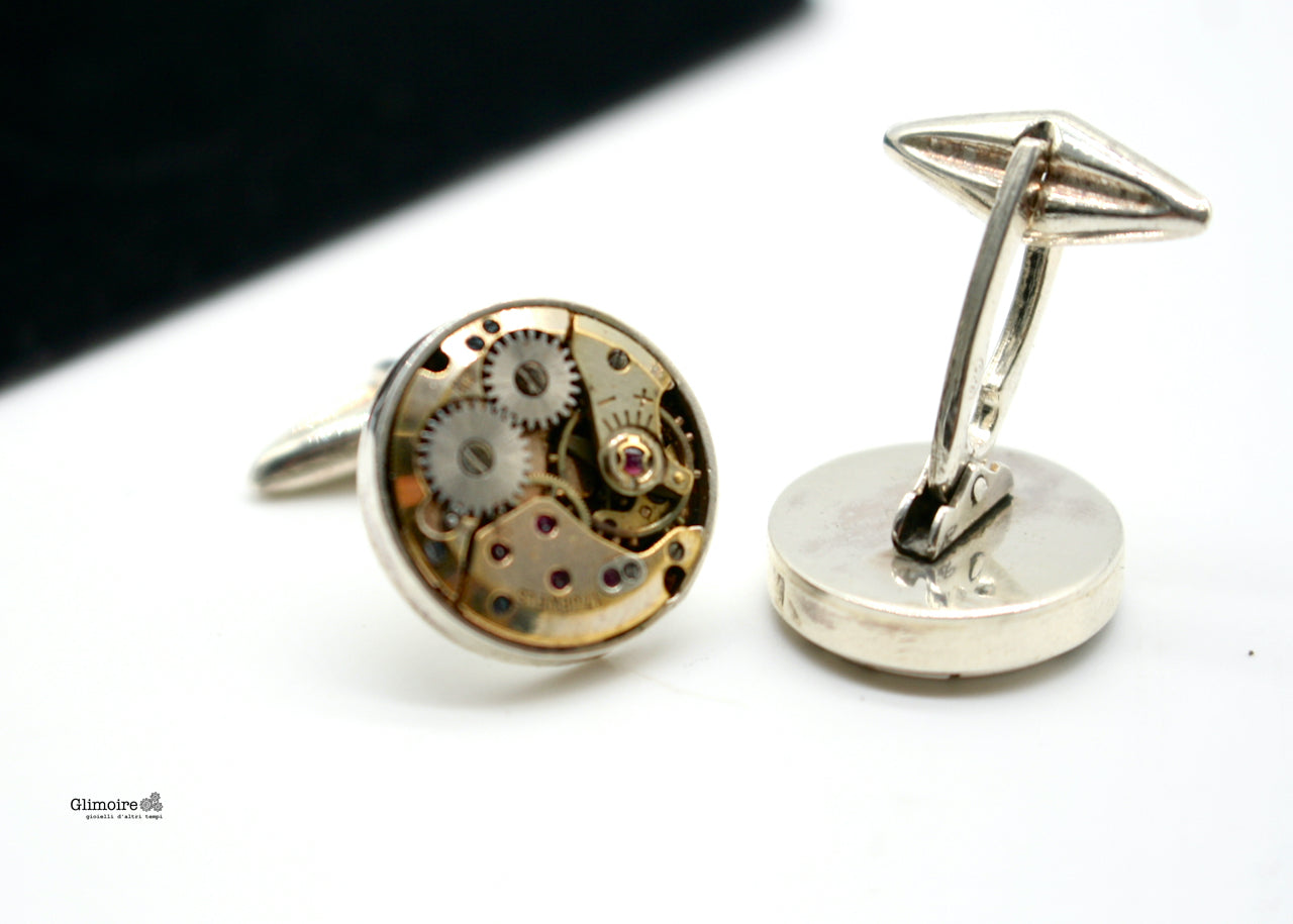 Gemelli in argento con meccanismi di orologio dorati -clip mobile