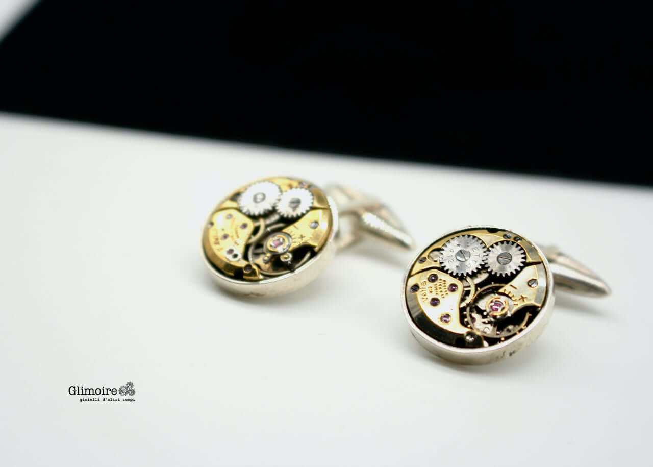 Gemelli in argento con meccanismi di orologio dorati -clip mobile art.378