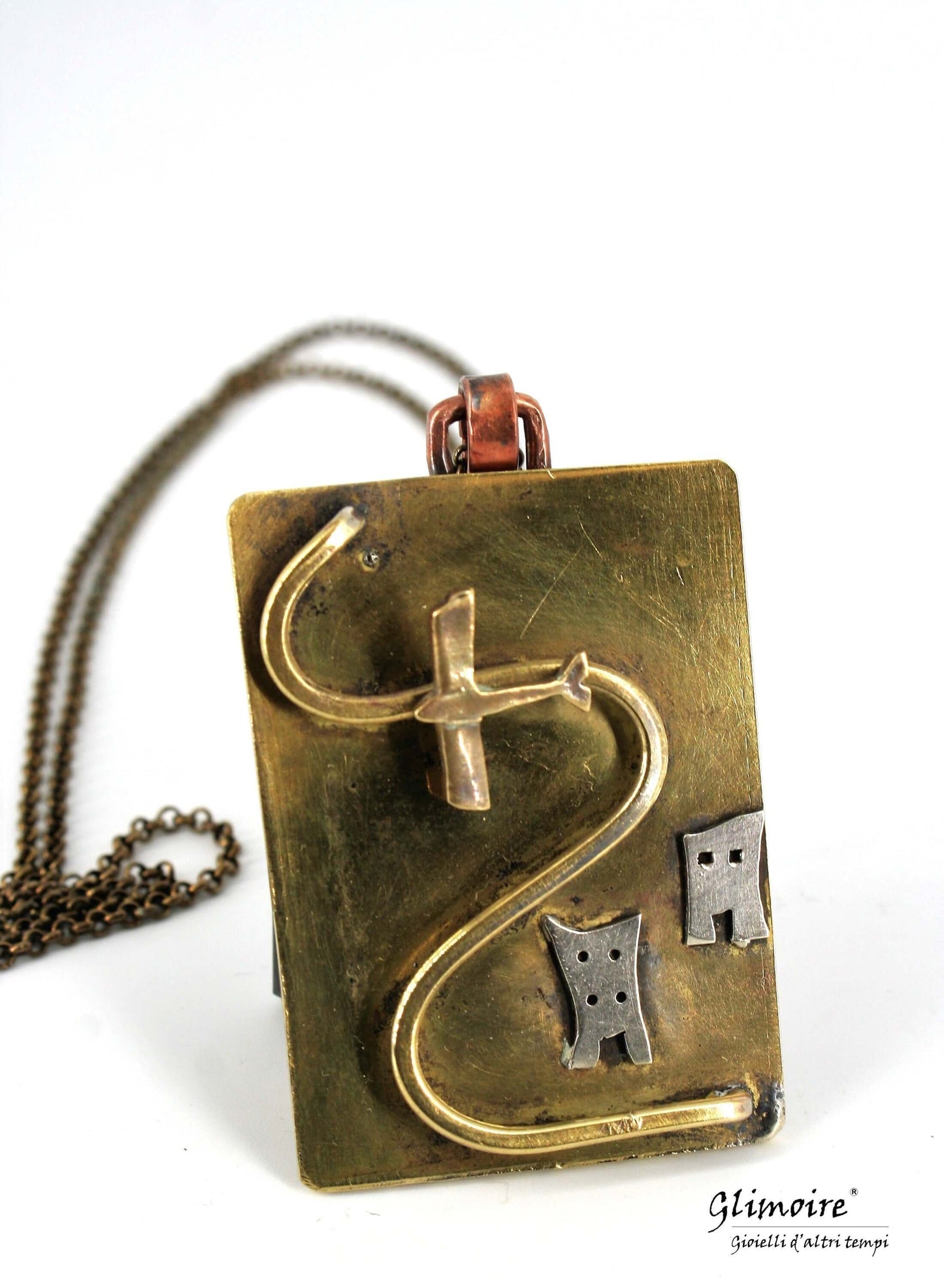 Collana aerei Glimoire con pendente rettangolare in metallo e design aereo vintage