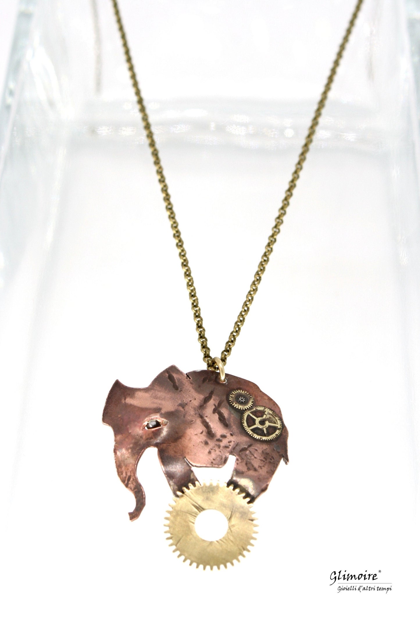 Collana con elefante ingranaggi di Glimoire con ciondolo in metallo e catena dorata