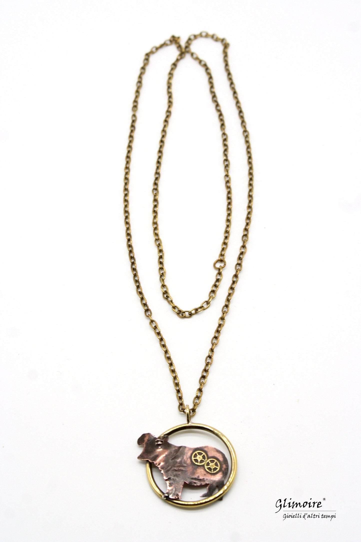 Collana ippopotamo artigianale Glimoire con ciondolo ippopotamo in metallo e ingranaggi decorativi