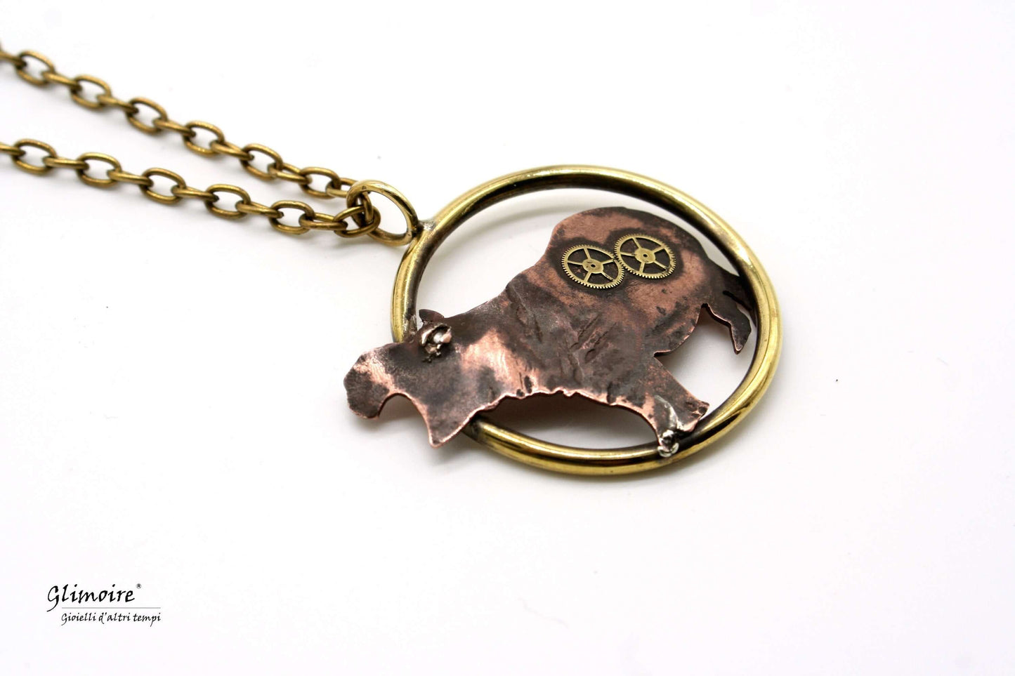Collana ippopotamo artigianale di Glimoire con ciondolo in metallo lavorato e catena color bronzo