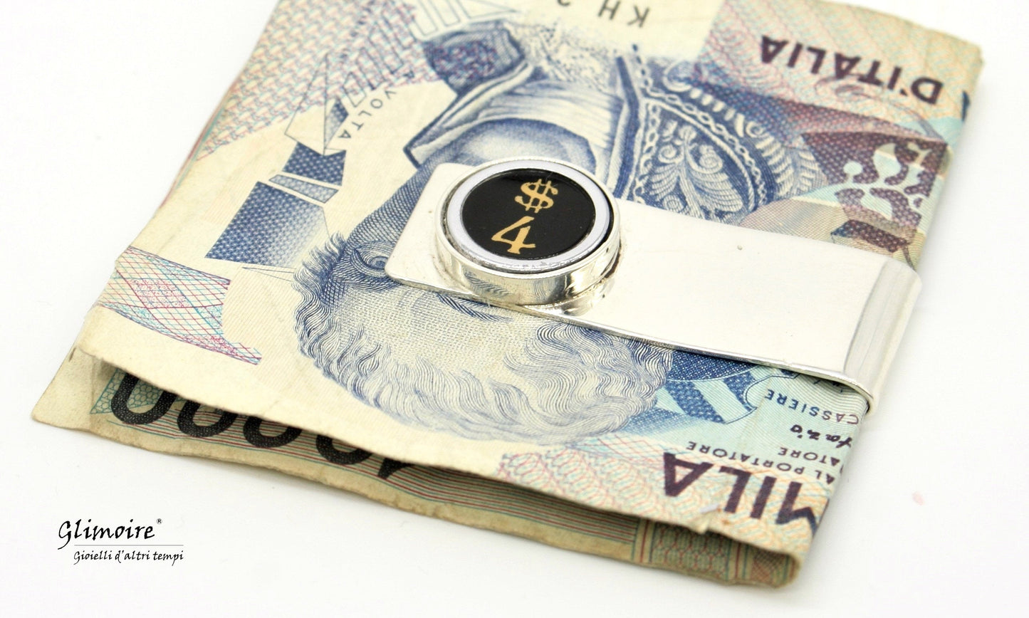 Fermasoldi artigianale argento tasti macchina da scrivere Glimoire con simbolo dollaro nero