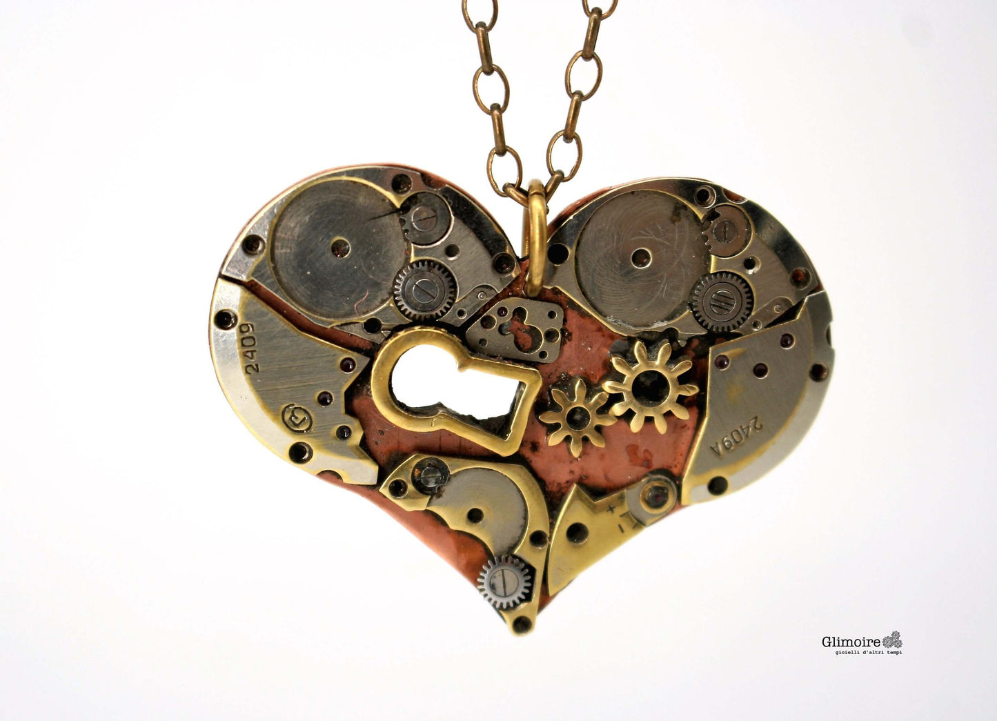 Collana cuore meccanico di Glimoire con ingranaggi e catena in metallo vintage