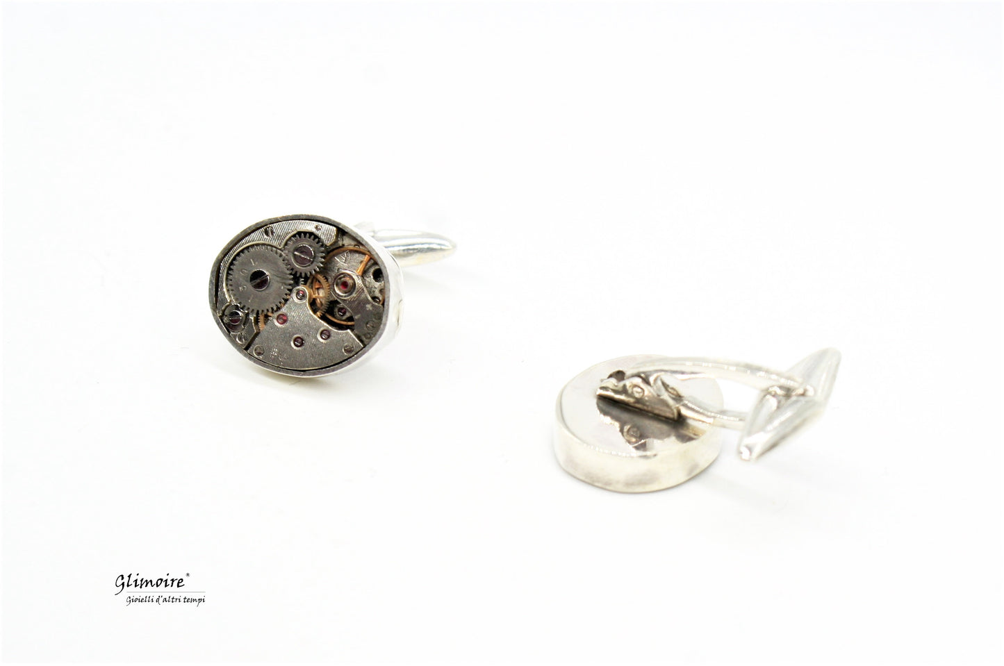 Gemelli da camicia Glimoire con design gemelli orologio meccanismo ovali in metallo lucido