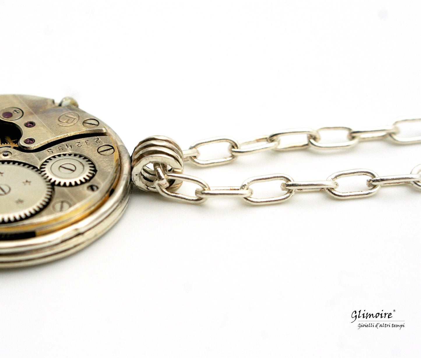 Collana Glimoire con medaglione con meccanismo orologio e catena argento elegante