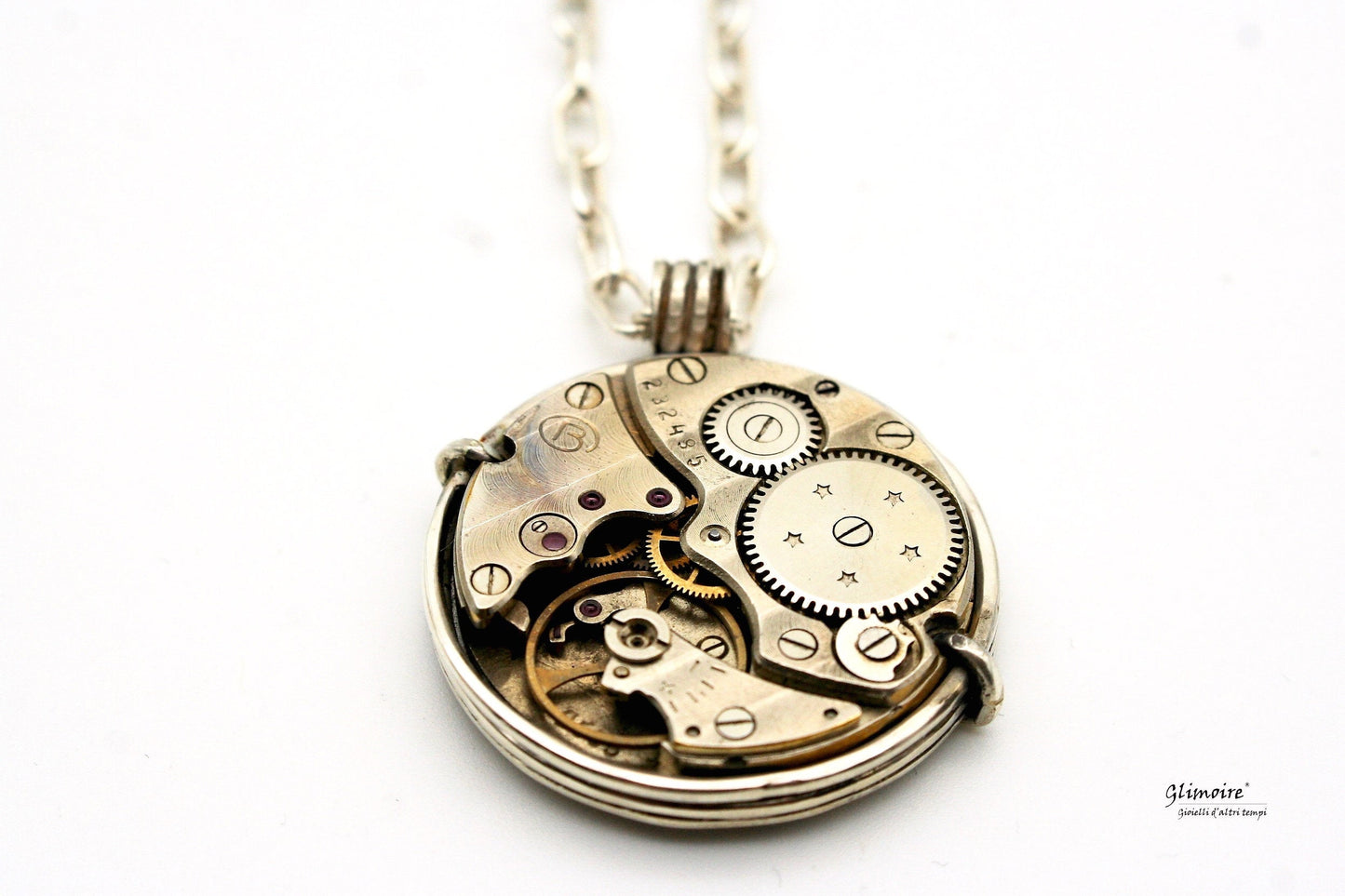 Collana Glimoire con medaglione con meccanismo orologio in metallo vintage dettagliato