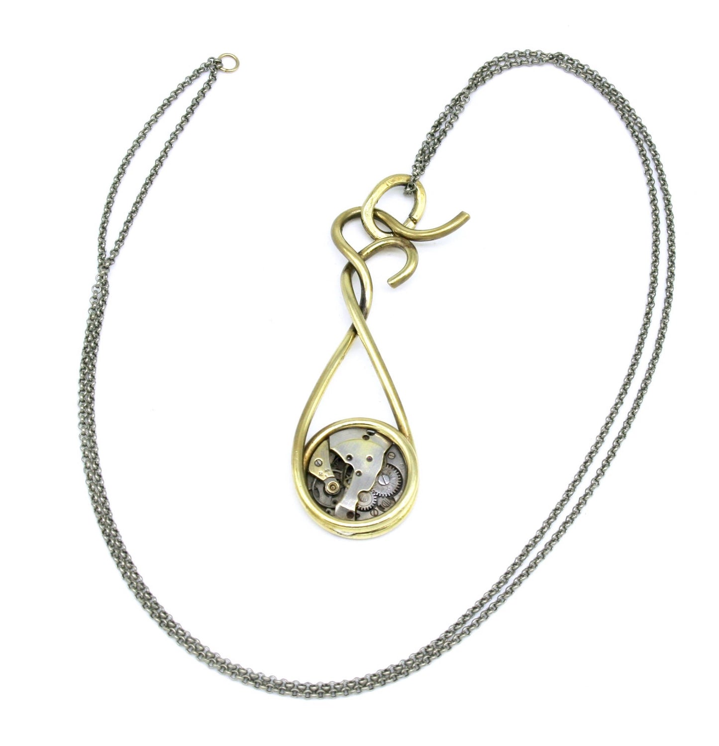 Collana Glimoire con pendente ottone intrecciato meccanismo fatto a mano e catena metallica