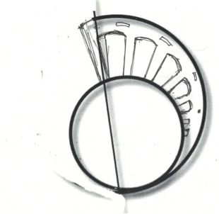 Schizzo architettonico in bianco e nero di un anello a spirale e dettagli geometrici, Forma e spazio nella progettazione