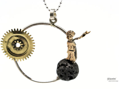 Sternenreisender – Handgefertigte Halskette mit Lavastein und Zahnrädern, Artikel 450