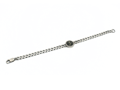 Bracciale da uomo in argento personalizzato Glimoire con maglia a catena e piastra tonda nera