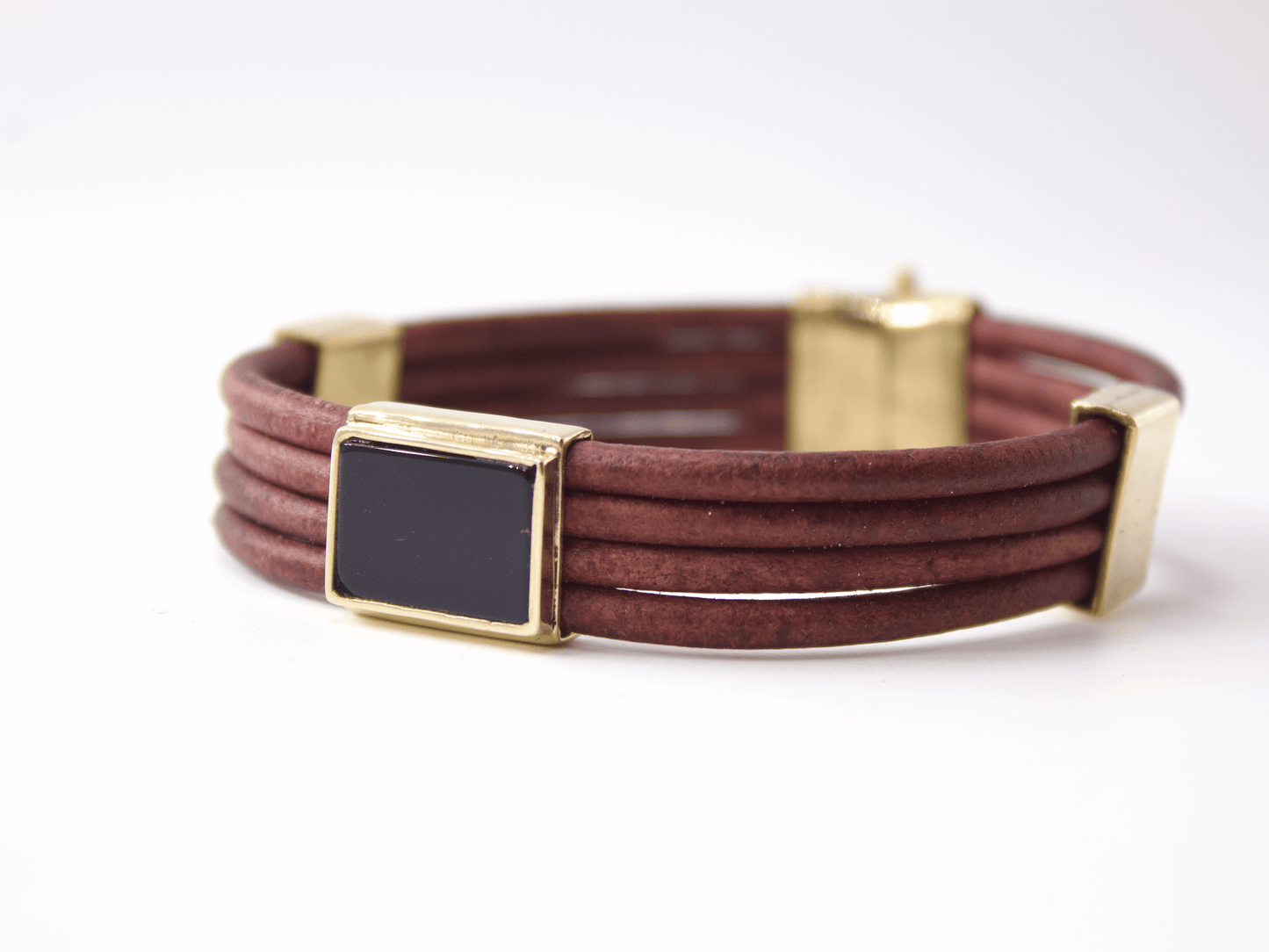 Bracciale maschile in cuoio marrone bronzo e onice nero