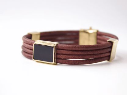 Bracciale maschile in cuoio marrone bronzo e onice nero
