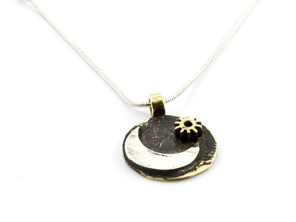 Collana luna in argento con pendente rotondo e stella con ingranaggio di orologio 