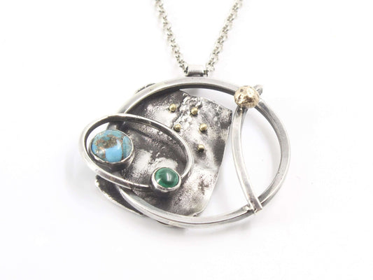 Collana in argento 925 con pendente astronomico turchese e malachite