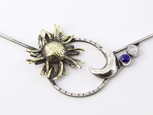 Collana soleluna Glimoire con pendenti sole in oro e luna in argento con pietre preziose