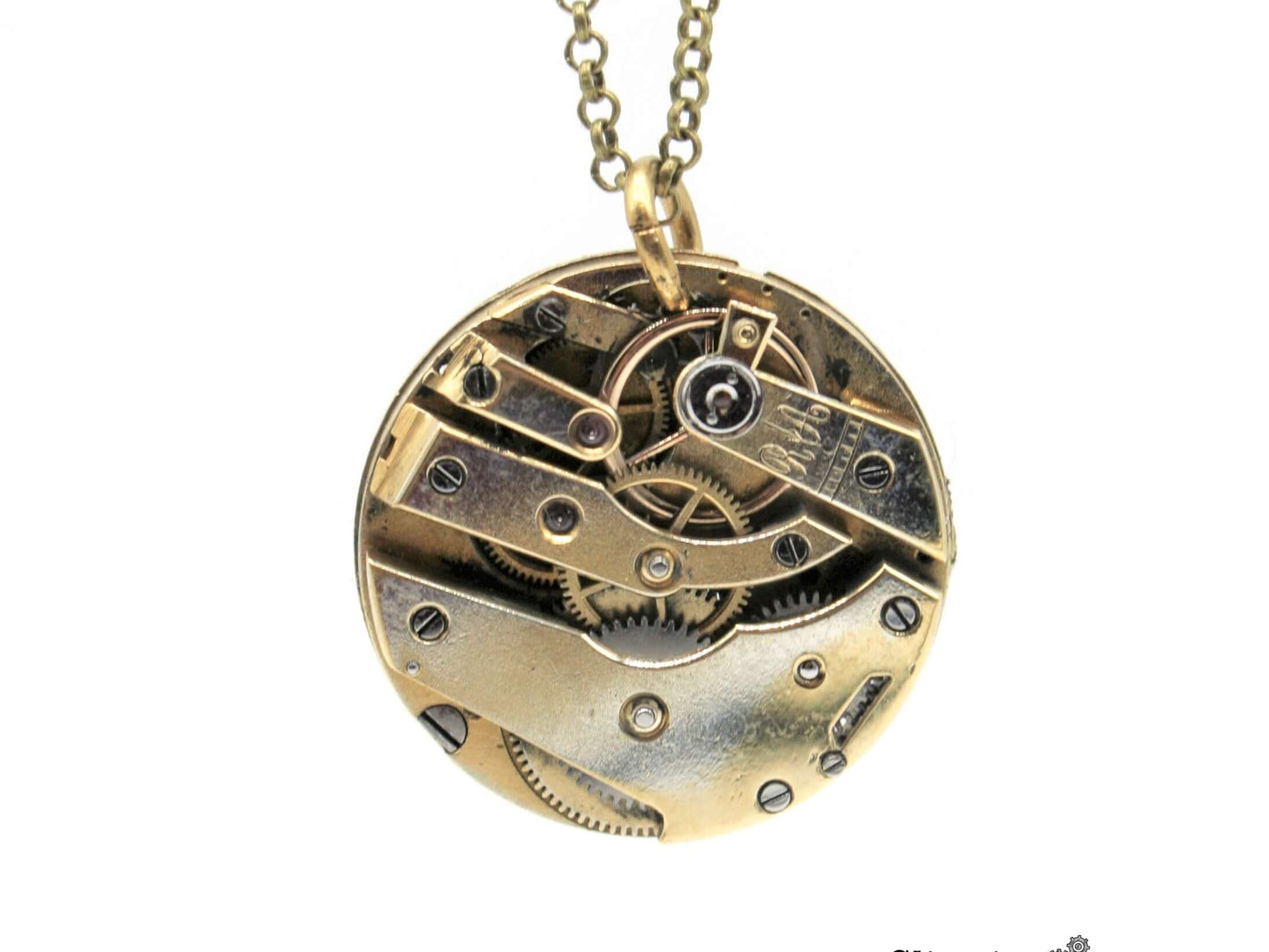 Collana Glimoire con pendente in oro, meccanismo di orologio vintage degli anni '50, lungo 70 cm.