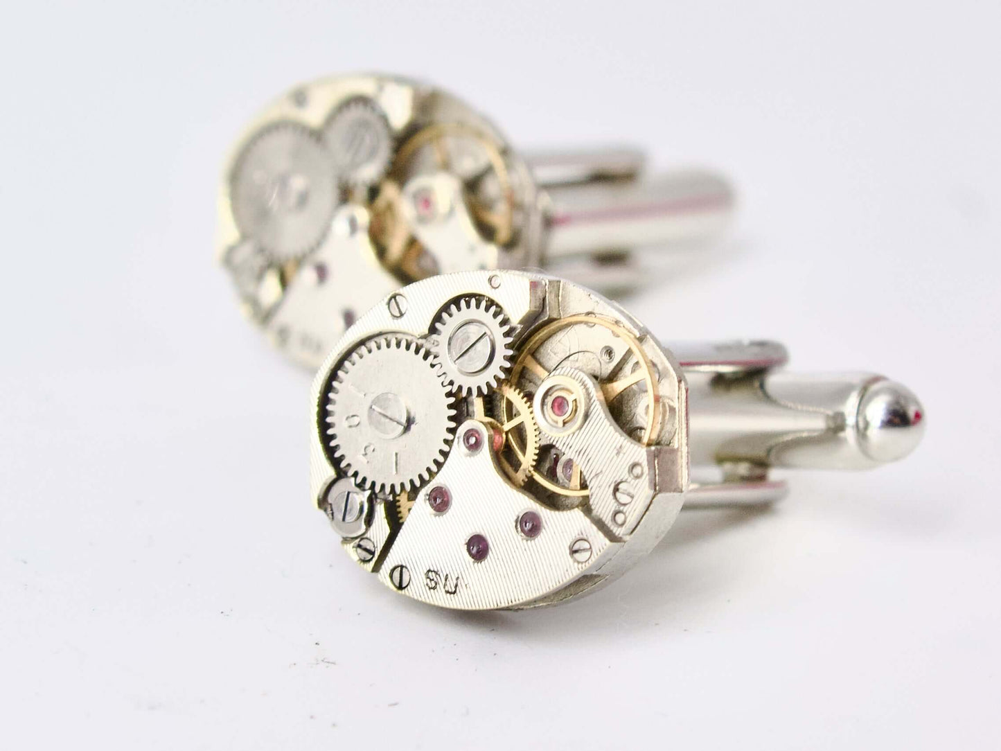 Gemelli da camicia Glimoire con design meccanismi orologio in metallo argentato eleganti