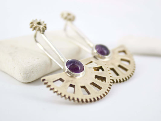 Glimoire orecchini pendenti ametista in argento con cabochon tondo e montatura a ventaglio