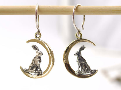 Orecchini animali lepre luna con coniglio in argento e luna in bronzo 