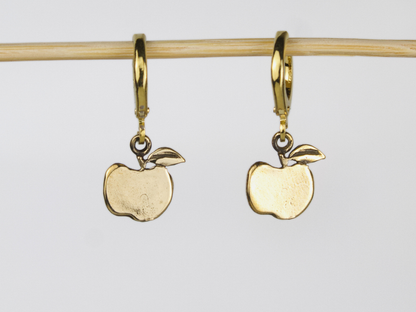 Orecchini Mela in bronzo visti frontalmente con cerchietti in ottone dorato.