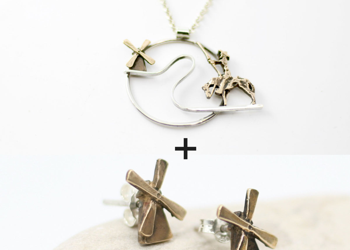 Collana Don Chisciotte e orecchini coordinati a forma di mulino a vento