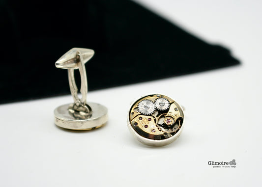 Gemelli in argento con meccanismi di orologio dorati -clip mobile art.378