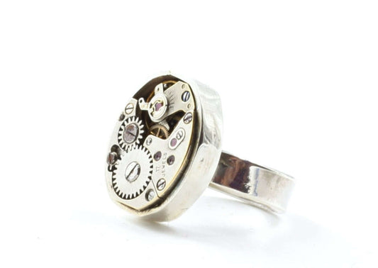 Anello meccanismo di orologio in argento con ingranaggi a vista