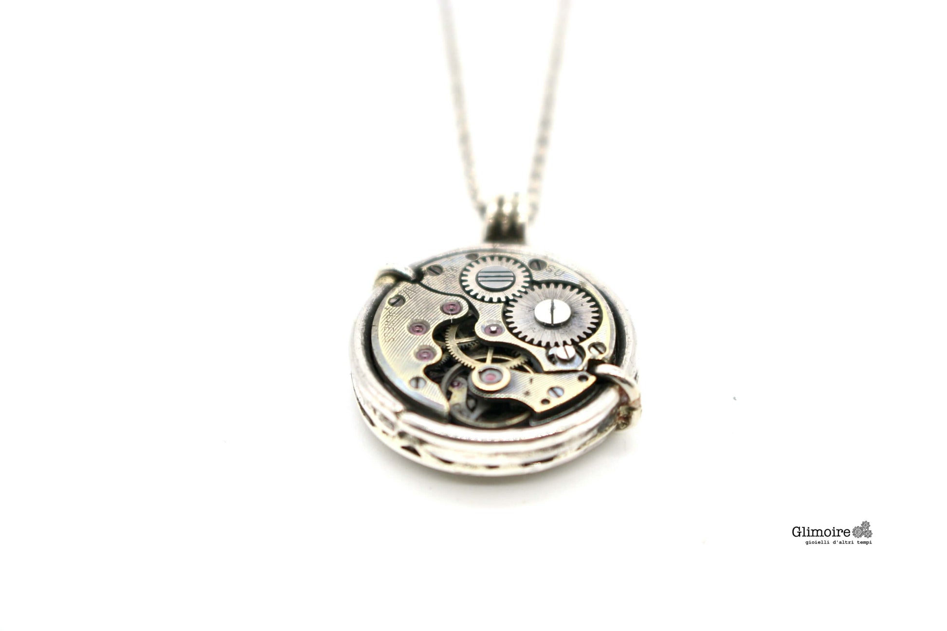 Collana in argento con meccanismo e dettagli di ingranaggi vintage firmata Glimoire