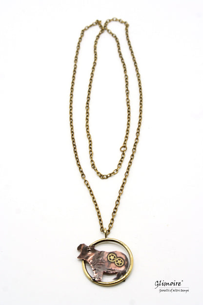 Collana ippopotamo artigianale Glimoire con ciondolo ippopotamo in metallo e ingranaggi decorativi