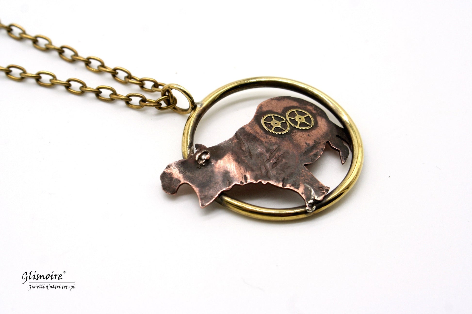 Collana ippopotamo artigianale di Glimoire con ciondolo in metallo lavorato e catena color bronzo