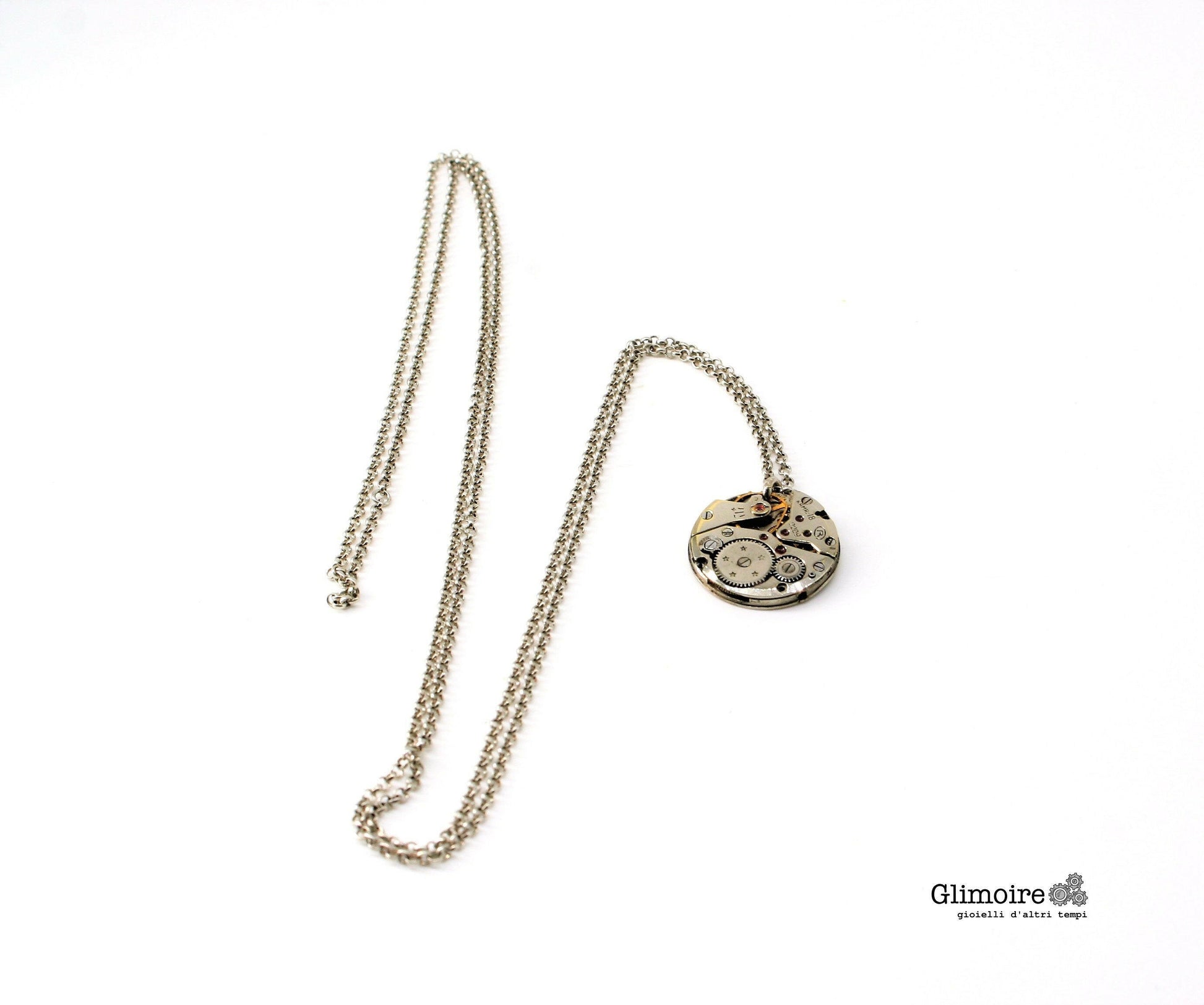Collana meccanismo artigianale Glimoire con catenina sottile e pendente rotondo vintage in metallo