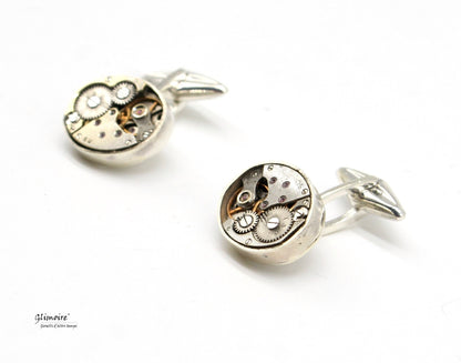 Gemelli da camicia Glimoire con design gemelli orologio meccanismo ovali in metallo argento