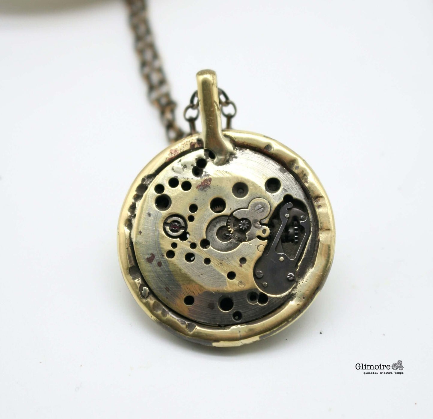 Collana Glimoire con pendente in ottone con meccanismo di orologio vintage a catena