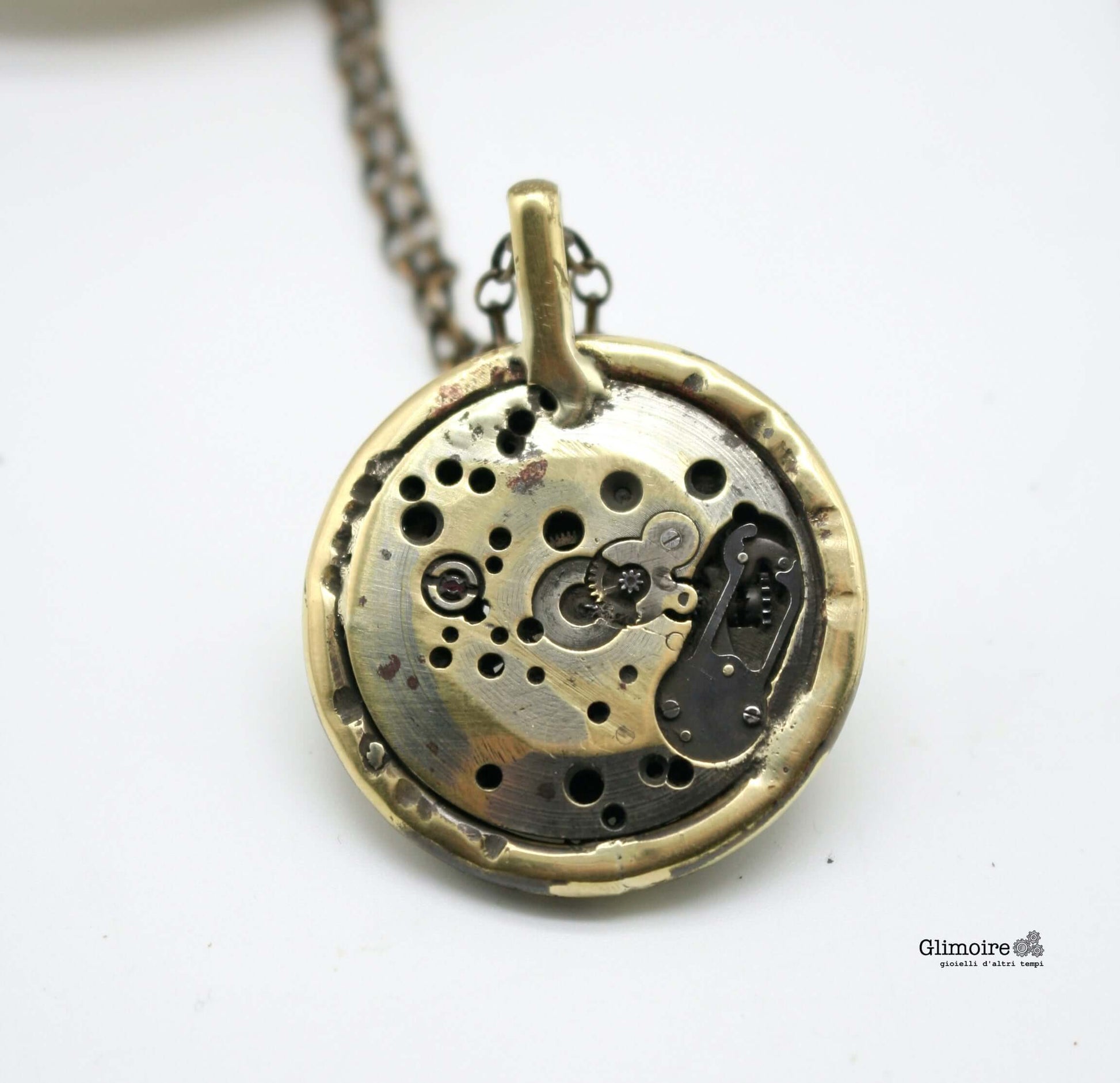 Collana Glimoire con pendente in ottone con meccanismo di orologio vintage a catena
