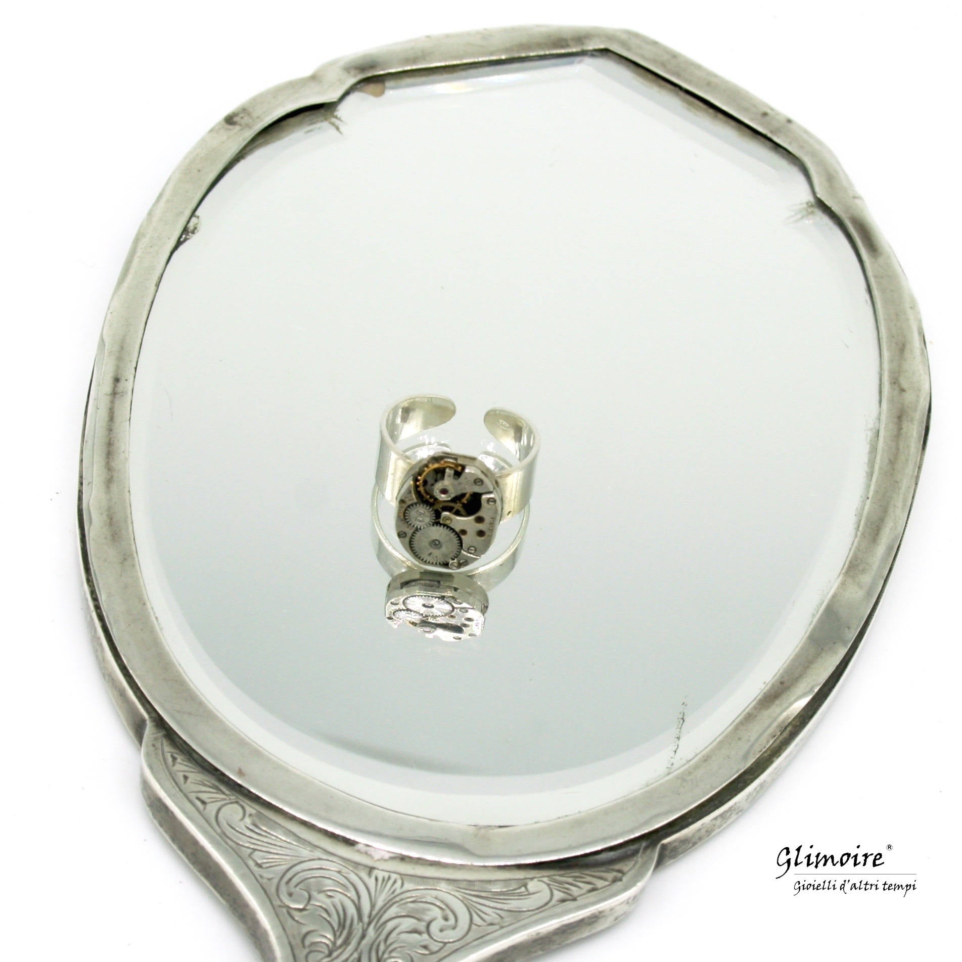 Anello con meccanismo di orologio d'epoca in argento 925 (base regolabile) art.36 - Glimoire