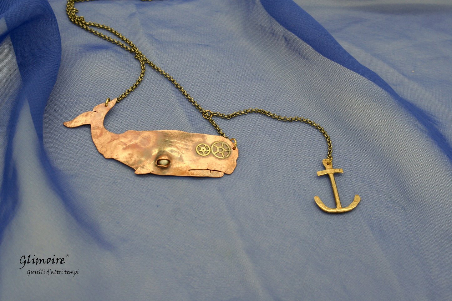 Balena in rame battuto con ingranaggi e ancora in ottone- Moby Dick (art.85) - Glimoire