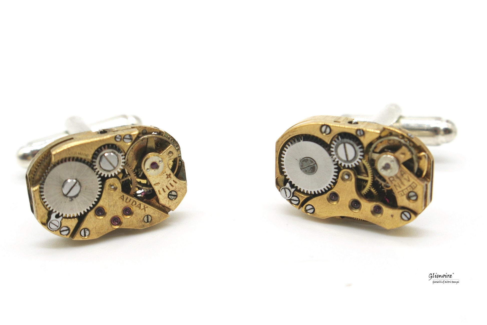 Gemelli con meccanismi di orologio d'epoca e rubini a vista. Polsini con movimenti di orologio dorati art.128 - Glimoire