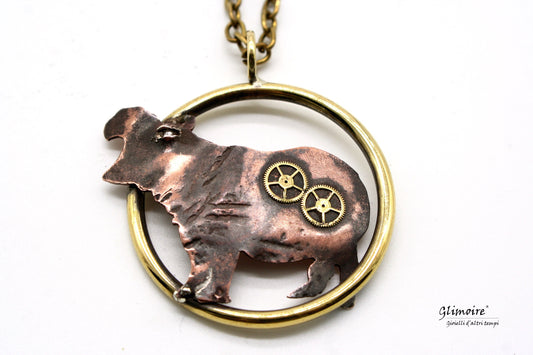 Collana con Ippopotamo e ingranaggi di orologi - Pendente animali con ippopotamo in rame e ottone art.215 - Glimoire