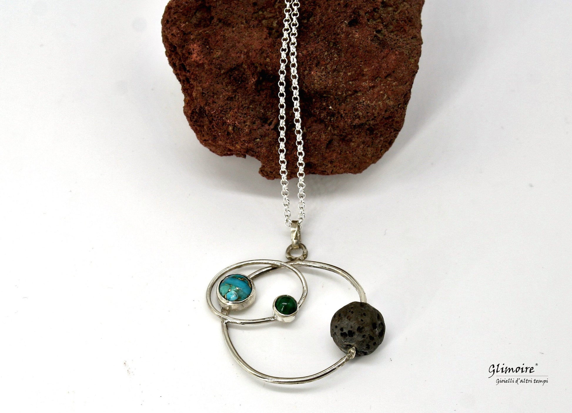 Orbite - Collana con pianeti - asteroidi - Pendente a cerchio , turchese, malachite, pietra lavica #234 - Glimoire