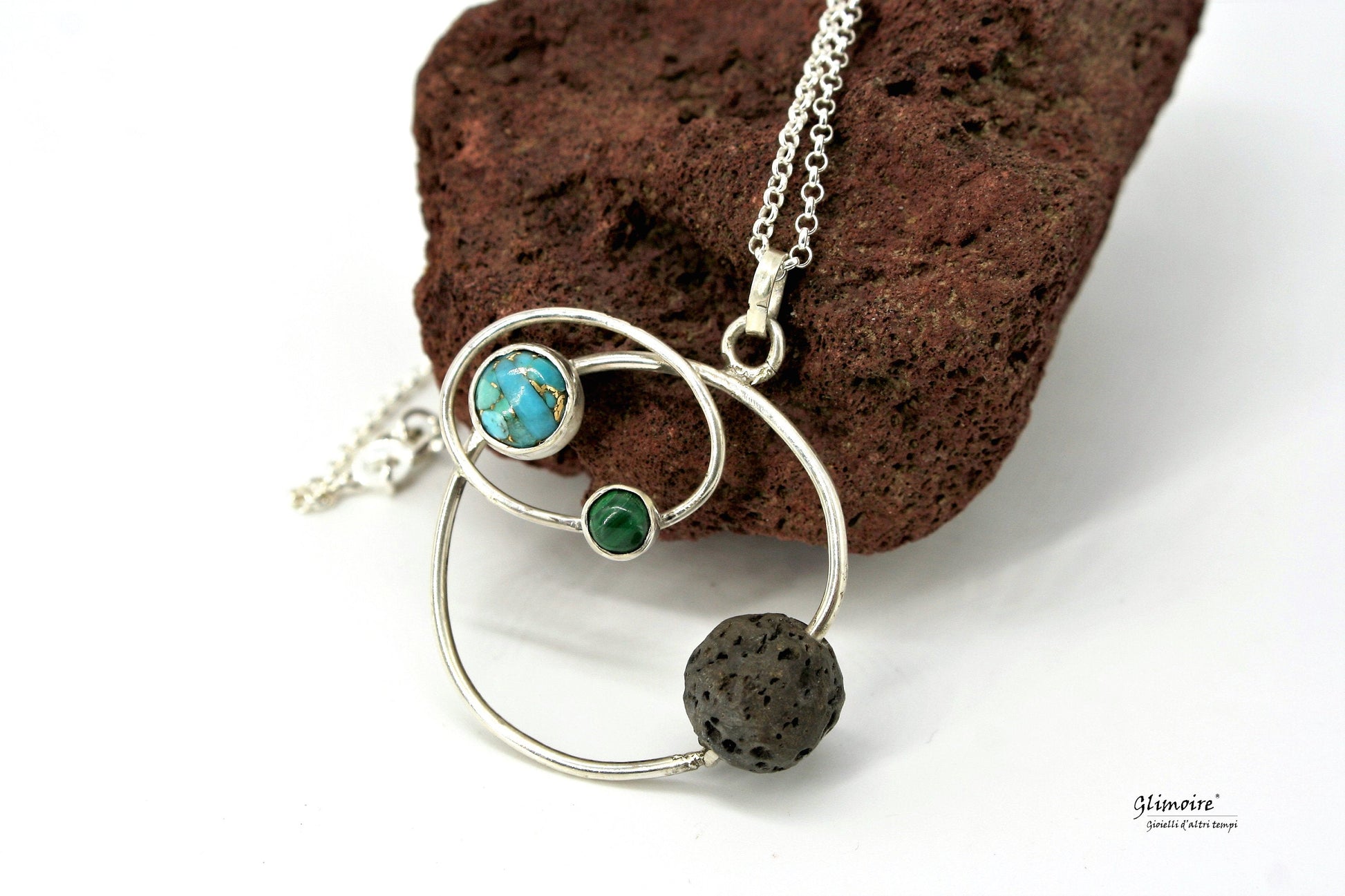 Orbite - Collana con pianeti - asteroidi - Pendente a cerchio , turchese, malachite, pietra lavica #234 - Glimoire