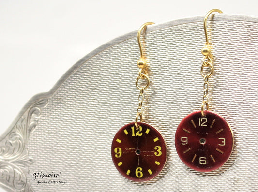 Coppia di orecchini pendenti in argento dorato con quadranti di orologi femminili vintage e ingranaggi - doubleface art.266 - Glimoire