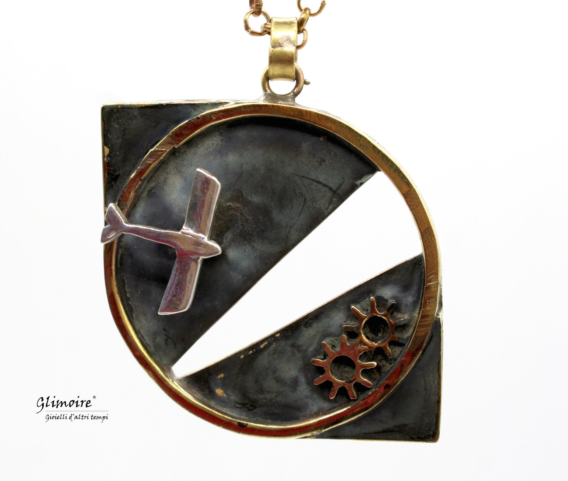 Viaggi interstellari - Collana con pendente in ottone e argento. Aereo e ingranaggi di orologio art.280 - Glimoire