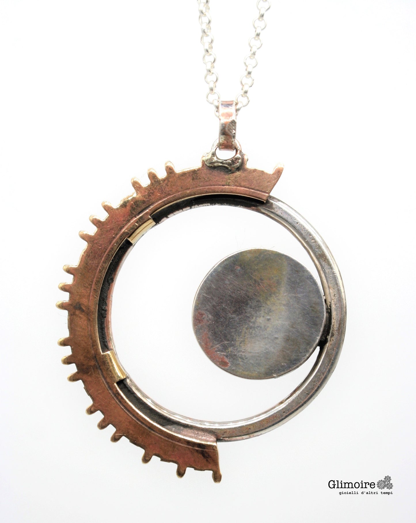 Eclissi - Medaglione con cerchio battuto e meccanismo d'orologio d'epoca e ingranaggio di orologio a pendolo art.295b - Glimoire