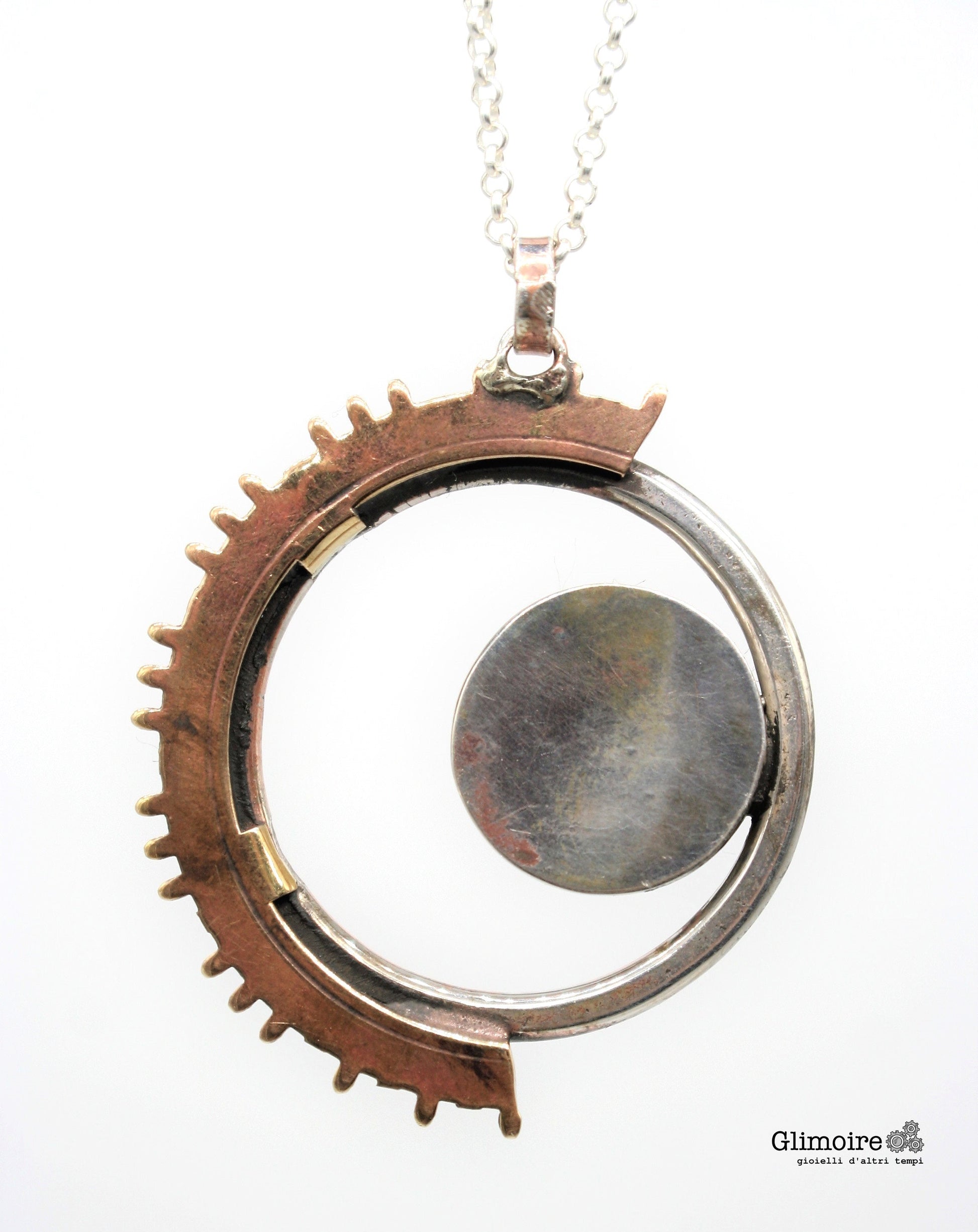 Eclissi - Medaglione con cerchio battuto e meccanismo d'orologio d'epoca e ingranaggio di orologio a pendolo art.295 - Glimoire