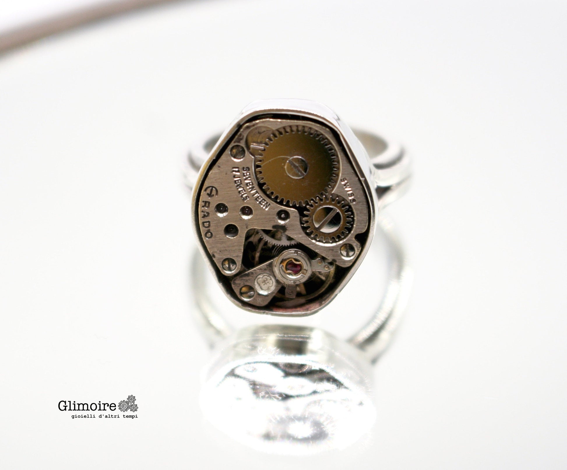 Anello a doppio filo con meccanismo di orologio d'epoca in argento (versione rombo)  art.321 - Glimoire
