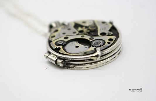 Portafoto con meccanismi di orologio - collana in argento con scomparto per foto o ricordi art.324 - Glimoire